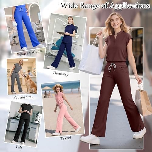 Dvoliaw Women's Sleeveless Scrub Set,9-Pocket Straight Leg, Yoga Waist | Stand-up collar top, straight leg pants w/ side slits. Soft stretch knit. Yoga waist. Wrinkle-free. For nurses/docs/vets. thumbnail 4