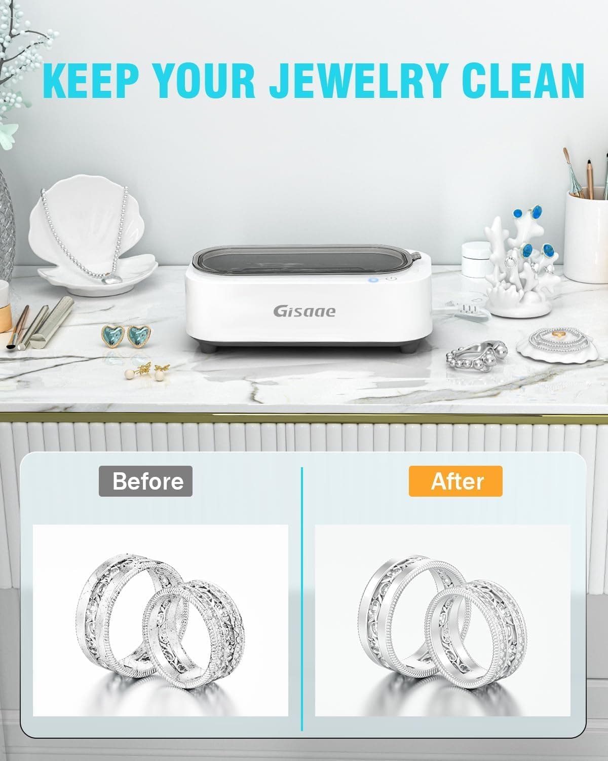Ultrasonic Jewelry Cleaner, 11.8oz(350ML) Portable Ultrasonic Cleaner with 2 Modes, 48kHz Jewelry Cleaner Ultrasonic Machine for Glasses, Ring, Watch Band, Retainer, Dentures, Coin, Razor thumbnail 3