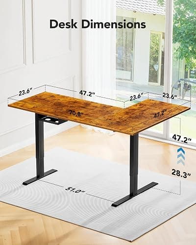 HUANUO Dual Motor 71x48 inch L Shaped Electric Standing Desk with 3 Preset Heights, Electric Height Adjustable Computer Table, 2 Hooks & Cable Tray, Raising Desk for Home Office, Vintage Brown thumbnail 3