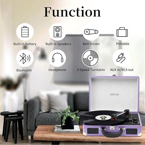 JORLAI Record Player 3 Speed Vinyl with Bluetooth Vintage Turntable Built in Battery Portable Suitcase Support Aux in RCA Line Out Headphone Jack Purple thumbnail 2