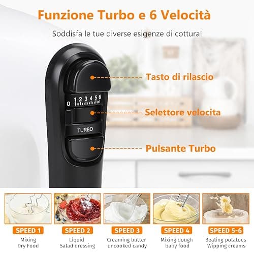 Aigostar Pudding - Sbattitore Elettrico, 6 Velocità e Turbo, Frusta Elettrica, 400W, Miscelazione Silenziosa. Dotato di 2 Fruste, 2 Ganci Impastatori, frusta e contenitore. thumbnail 5
