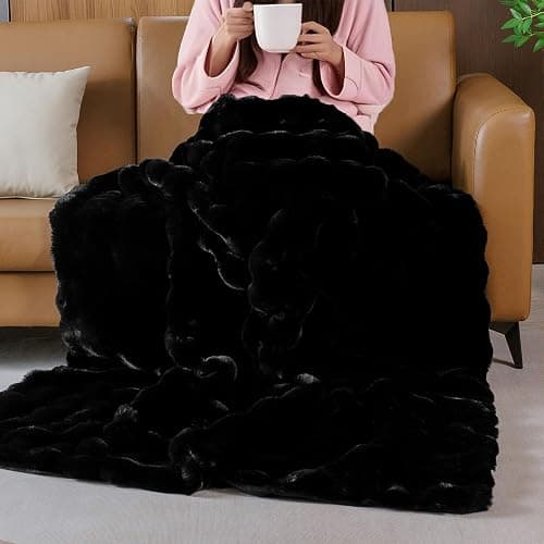 BlanketSolution Fluffy Furry Black Faux Fur Throw Blanket for Couch Bed 50x60 Fuzzy Bubble Soft Blanket for Adults Gift Home Living Room Decorative Decor 860 GSM thumbnail 3