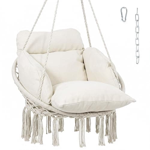 Outsunny Hammock Swing Chair w/Large Cushion Cotton Rope Chain Cream White | Outdoor Hanging Chair, Weaving Macrame Swing, 265 LBS Capacity, for Indoor Outdoor Bedroom Patio Balcony - Image 1