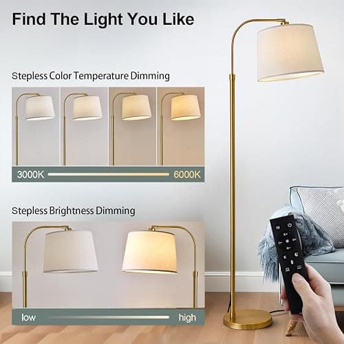 Oneach 62" Arc Floor Lamp for Living Rooms, Gold Tall Standing Lamps with Remote and Stepless Dimmable Bulb, Modern Reading Light for Bedrooms Corner Nursery Kid Office (Bulb Included) thumbnail 3