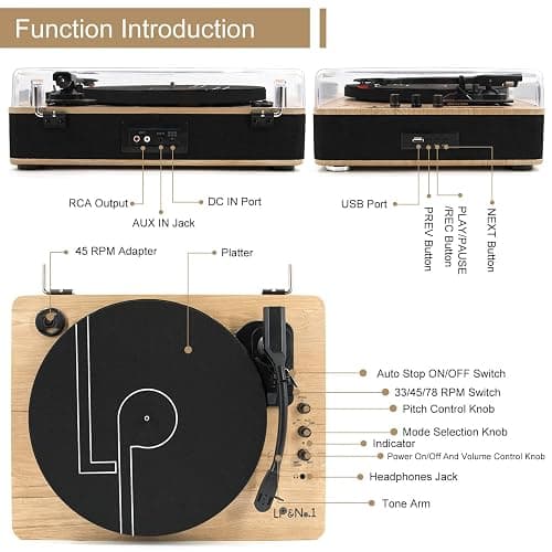 Vinyl Record Player 3-Speed Belt-Drive Turntable with Stereo Speakers and USB Play&Recording (Light Wood) thumbnail 2