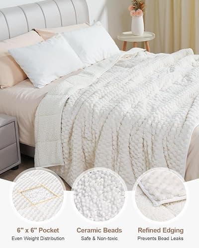 Super Soft Luxury Fleece Sherpa Weighted Blanket 15 lbs for Adults, Turtle Shell Fuzzy Cozy Warm Weighted Throw for Winter, Ceramic Beads Washable Heavy Blankets for Couch Bed, Cream White, 60"x80" thumbnail 5