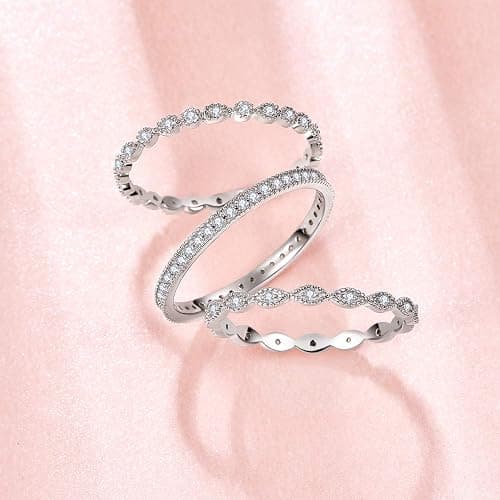 AVECON 3 PCS 925 Sterling Silver Stackable Engagement Rings Set Cubic Zirconia Eternity Bands Wedding Promise Rings for Women Size 5-10 thumbnail 3