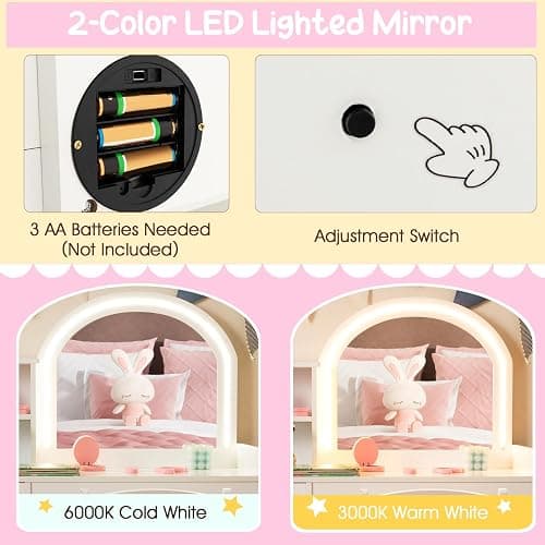 Costzon Kids Vanity with Lights, 2 in 1 Princess Makeup Desk & Chair Set with Lighted Mirror, Drawer, Storage Shelves & Cabinet, Toddler Dressing Table, Vanity Set for Little Girls, White thumbnail 4