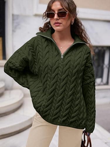 PRETTYGARDEN Womens Fall Sweaters 2025 Long Sleeve Quarter Zip Pullover Sweater Casual Loose V Neck Cable Knit Jumper Tops thumbnail 2