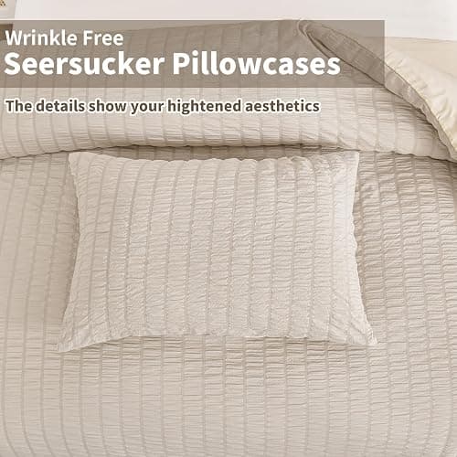 Beige Seersucker Duvet Cover Double Size Puckering Seersucker Bedding Set,2 Pillowcases and Zipper Closure,Soft Microfiber,200x200 cm thumbnail 5