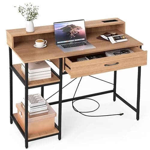 SFAREST Computer Desk, Industrial Laptop Writing Desk with Monitor Stand, Drawers & Storage Shelves, Wooden PC Study Work Table for Bedroom Study Office(Natural,106 x 48 x 90cm) - Image 1