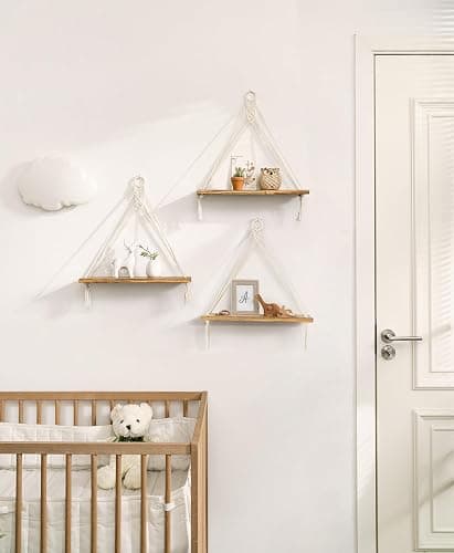 Mkono Macrame Hanging Shelves Boho Wall Decor Set of 3 Rustic Wood Floating Storage Shelf for Bedroom Bathroom Living Room Nursery Dorm Room, Display Shelving for Hanging Plants Photos thumbnail 5