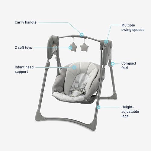 Graco Slim Spaces Compact Baby Swing, Space Saving Portable Bay Swing with Height Adjustable Legs & Soft Toys, Reign thumbnail 4