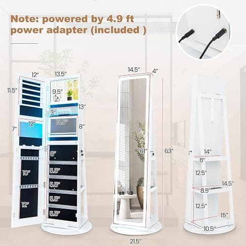 LOKO 360° Swivel Jewelry Cabinet with 3-color LED Lights, Lockable Jewelry Armoire Organizer with Full-Length Mirror, Makeup Mirror & Foldable Makeup Shelf, for Girl Women, Gift (White) thumbnail 3