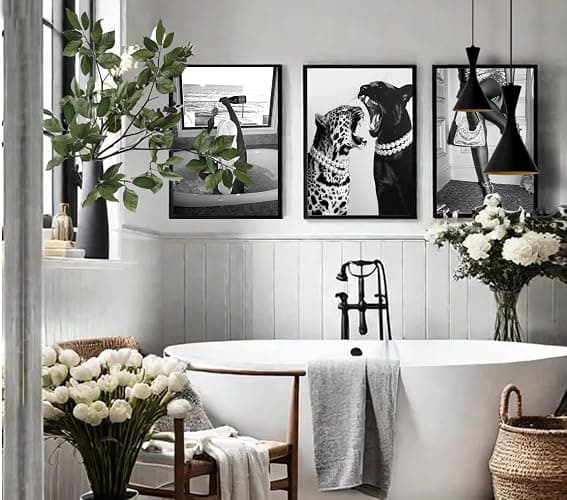 3 Pcs Fashion Leopard Print Posters Paintings Funny Woman Drinking in Bathtub Paintings Black and White Photography Beautiful Woman Print Preppy Style Wall For Bedroom Living Room 12×16 Inch Unframed thumbnail 3
