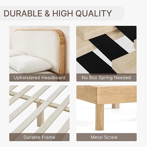 KISLOT Wood Bed Frame with Upholstered Headboard, Mid-Century Boucle Fabric Platform Modern Bed Mattress Foundation Noise-Free No Box Spring Needed Easy Assembly thumbnail 4