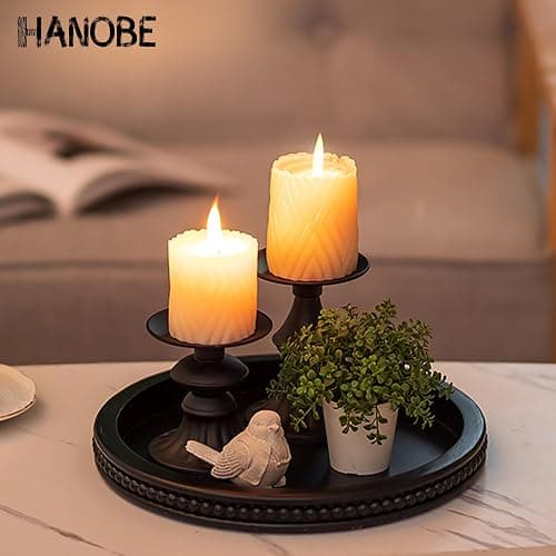 Hanobe Decorative Serving Tray Wood: Black Bead Round Tray for Coffee Table Rustic Wooden Trays Decor Farmhouse Kitchen Counter Circle Tray Vintage Centerpiece for Living Room Home Organizer thumbnail 5