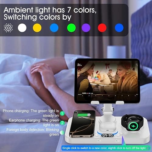 30W Charging Station for Apple Products, Foldable Wireless Charger with Clock Display&7 Color Light, Wired Charging for iPad/Tablet Charging Station for iPhone17, for Apple Watch11 for AirPods4(White thumbnail 3