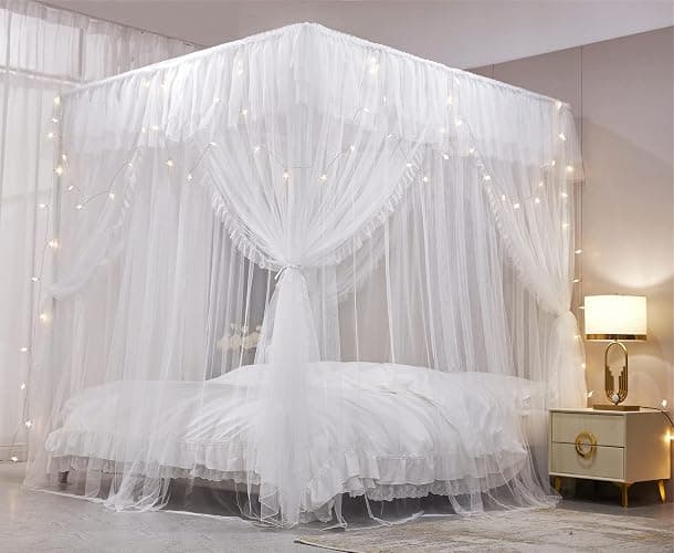 HUOQOU Baldaquin Princesse avec Volants Ciel de Lit Rectangulaire à 4 Ouvertures Moustiquaire Double Couche pour Chambre de Fille Décoration Romantique Doux et Respirant (Blanc,1,35W x 2l x 2,1H(m)) thumbnail 2