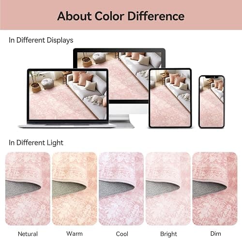FROZZUR Boho Pink Area Rug 5x7 – Soft Washable Vintage Rug with Non-Slip Backing for Living Room, Bedroom & Nursery, Cozy Home Decor thumbnail 5