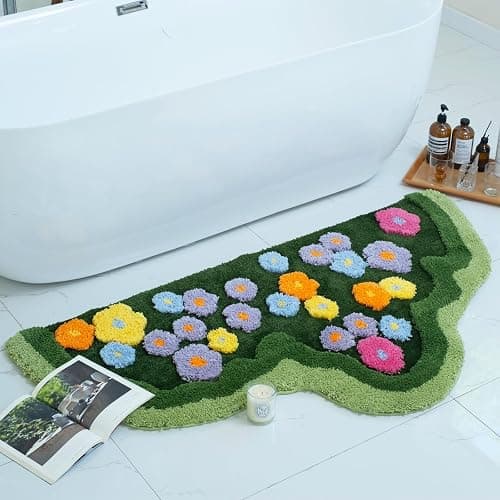 Floral Spring Moss Green Area Rug for Bedroom Living Room, Irregular Cute Non-Slip Bathroom Mat, Washable Aesthetic Accent Carpet for Women Dorm, Unique Floral Floor Rug for Boho Home Decor thumbnail 8