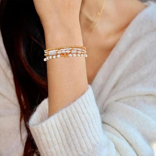 Pymach Dainty Gold Plated Pearl Crystal Beaded Bracelets Set for Women 14K Gold Plated Bead Pearl Beads Bracelet Stackable Paperclip Link Chain Bracelets Gold Plated Bracelets for Women Trendy Jewelry thumbnail 5