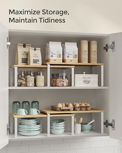 SONGMICS Cabinet Organizer Shelf, Set of 4 Kitchen Counter Shelves, Kitchen Storage, Spice Rack, Stackable, Expandable, Metal and Engineered Wood, Cloud White and Natural Beige UKCS210W01 thumbnail 6