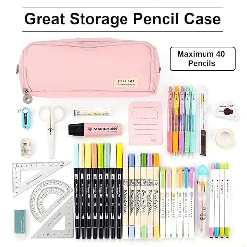 Pencil Case Pink, Pen Case for Adult with Double Zippers Closure, Stationery Supplies Cute Pen Pouch with Compartments for Middle High School Student Kids Boy Girl Teen Adult (Pink) thumbnail 4