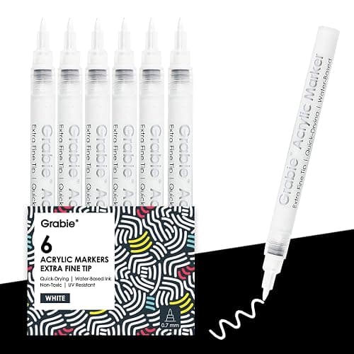 Grabie 6 White Acrylic Paint Markers, 0.7mm Extra Fine Tip Acrylic Paint Pens for Drawing, Coloring Books for Adults - Image 1