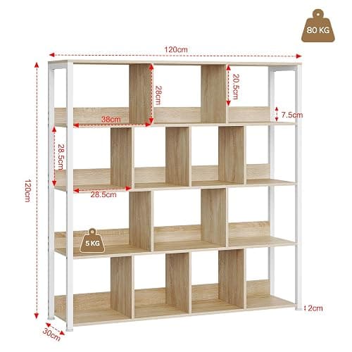eSituro Scaffale per Libri, Scaffale con 14 Cubi in 4 Livelli, Unità di Stoccaggio Moderna per Soggiorno/Camera da Letto/Ufficio, Legno Ingegnerizzato, Effetto Rovere Chiaro+Bianco, 120x30x120cm thumbnail 3