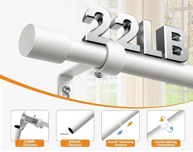 TONIAL White Curtain Rods 32 to 58 Inch(2.6-4.8ft), Adjustable Splicing Window Curtains rod, 3/4 Drapery Rods for Windows 20 to 53 Inch(1.7-4.4ft), Decorative Single Rod with Modern Cap Finial thumbnail 5