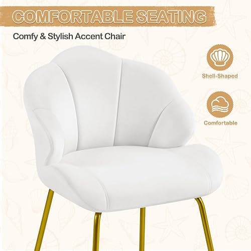 Yaheetech Velvet Armchair, Accent Tub Chair with Metal Legs, Cute Vanity Chair with Shell Shaped Backrest for Living Room/Bedroom/Dressing Table/Office, White thumbnail 7