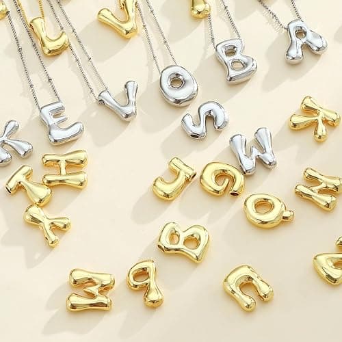 Gold Bubble Letter Necklace,14k Gold/Silver Plated Balloon Initial Letter Pendant Necklace Dainty Chunky Charm Name Necklaces Trendy Personalized Jewelry Gift for Women thumbnail 6