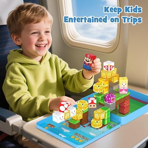 hunloot 49PCS Mini Magnetic Tiles Travel Toys for Kids Ages 4-8, Magnetic Building Blocks Adventure Set with Portable Iron Storage Box & Play Base, STEM Learning Activities for Toddlers 3-5 thumbnail 3