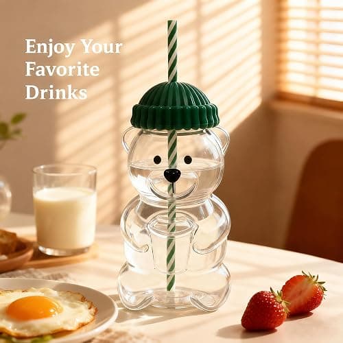 gaulofo 20oz Bear-Shaped Glass Cup, Cute Reusable Glass Tumbler with Lid and Straw for Coffee, Milk Tea, Birthday & Holiday Gift (Green) thumbnail 7
