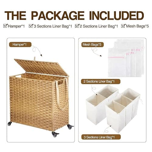 Greenstell Laundry Hamper with Wheels&Lid, 130L Large 3 Sections Clothes Hamper with 2 Types Removable Liner Bags, 5 Mesh Laundry Bags, Handwoven Divided Laundry Basket for Clothes, Natural - Natural - 130L: 25.6x13.0x25.7 Inches thumbnail 7