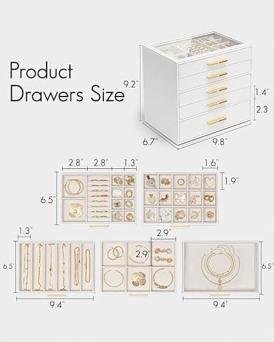 Vlando 5 Layer Jewelry Box for Women, Glass Lid Jewelry Organizer with 5 Drawers for Necklaces Rings Earrings Bracelets - White thumbnail 2