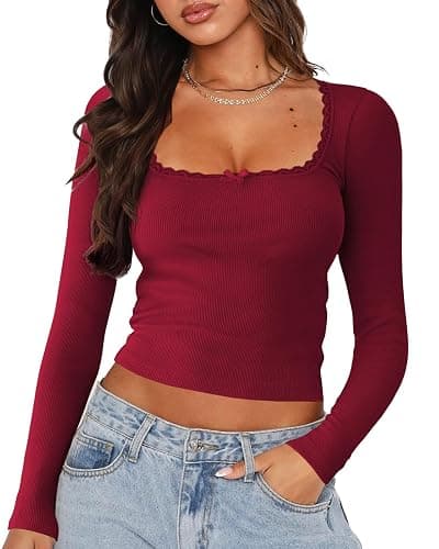 NODHUT Women's Long Sleeve Crop Top Square Neck Going Out Tops Cute Ribbed Knit Bow Knot Lace Patchwork T Shirts - Image 1