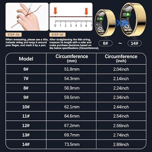 Ring Health Tracker for Women Men, Fitness Tracker with Heart Rate, Blood Oxygen, Sleep Monitor, Calories, Step Counter, IP68 Waterproof Smart Ring for iPhone & Android, No Subscription Fee (Gold, 7#) thumbnail 2