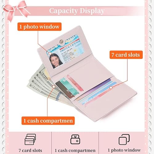 RNIEGA Small Wallets Girls Cute Coquette Bow Wallet Women Aesthetic Credit Card Holder with ID Window, Pink thumbnail 4