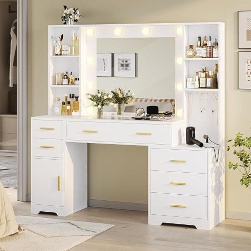 Hasuit 48.8'' Large Vanity Desk with Lighted Mirror & Power Outlet, White Makeup Vanity Table with 6 Drawers, 4 Shelves and 1 Storage Cabinet, Glass Tabletop Bedroom Dressing Table, 3 Lighting Modes - Image 1