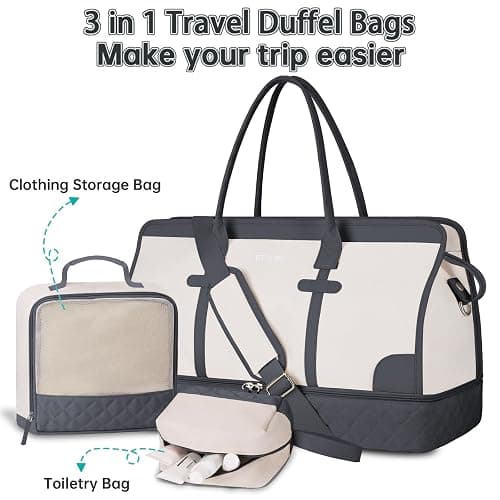 ETRONIK Weekender Overnight Bag for Women, Large Travel Duffle Bag with Shoe Compartment & Wet Pocket, Carry On Tote Bag Gym Duffel Bag with Toiletry Bag, 3 Pcs Set, Large Size, Dark Grey-Beige thumbnail 7