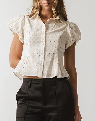 UAURORAO Women Collared Button Up Shirt Puff Short Sleeve V Neck Babydoll Blouse Ruffle Cropped Going Out Tops Teen thumbnail 5