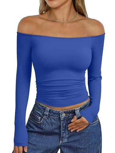 Trendy Queen Womens Long Sleeve Off The Shoulder Tops Going Out Cute Basic Y2K Fall Fashion 2025 Outfits Clothes - Image 1