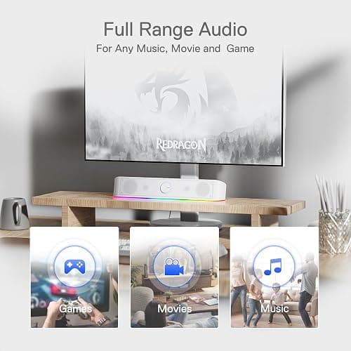 Redragon GS560 RGB Desktop Soundbar, 2.0 Channel Computer Speaker with Dynamic Lighting Bar Audio-Light Sync/Display, Touch-Control Backlit with Volume Knob, USB Powered w/ 3.5mm Cable, White thumbnail 5
