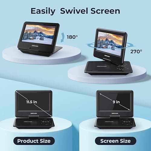 DBPOWER 11.5" Portable DVD Player, 5-Hour Built-in Rechargeable Battery, 9" Swivel Screen, Support CD/DVD/SD Card/USB, Remote Control, 1.8 Meter Car Charger, Power Adaptor and Car Headrest (Black) thumbnail 4