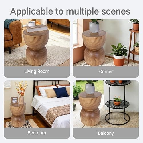 Small Wooden Side Table, 15.75" H Hand Carved Rustic Tree Stump End Table, Natural Paulownia Wood Compact Round Coffee Table, Mini Indoor Outdoor Wood Stool for Living Room, Bedroom, Patio, Garden - 230046N thumbnail 9