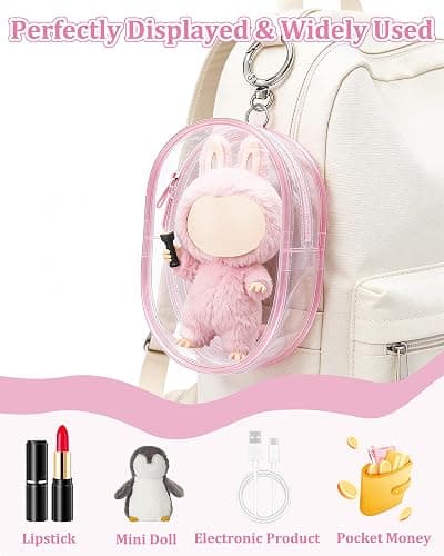 3Pcs Clear Figure Display Bag,Keychain Carrying Case, Portable Small Doll Storage Pouches,Dustproof Small Display Case for Figurines, Blind Box, Mini Dolls, Shelf/Outdoor Showcase PVC Bag（Pink） thumbnail 5