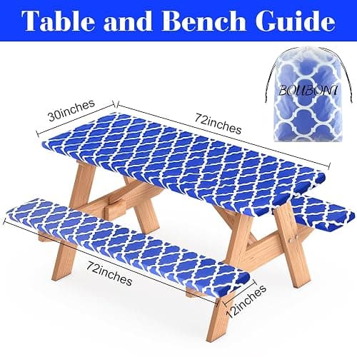 BOUBONI 3 Pcs Set Fitted Picnic Table Cover with Bench Covers Vinyl Camping Table Cloth Flannel Backing Picnic Table Cloth for 6ft Tables Camping Outdoor (Blue Morocco, 30 x 72 Inches) thumbnail 3