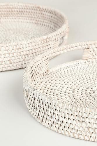 HITOMEN 11.8" Hand-Woven Round Rattan Serving Tray Decorative Wicker Trays with Handles for Coffee Table (Whitewash-M) thumbnail 5